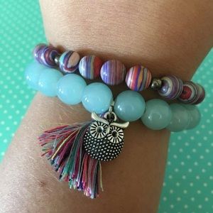Aqua & rainbow bracelet set w/ tassel & owl charm